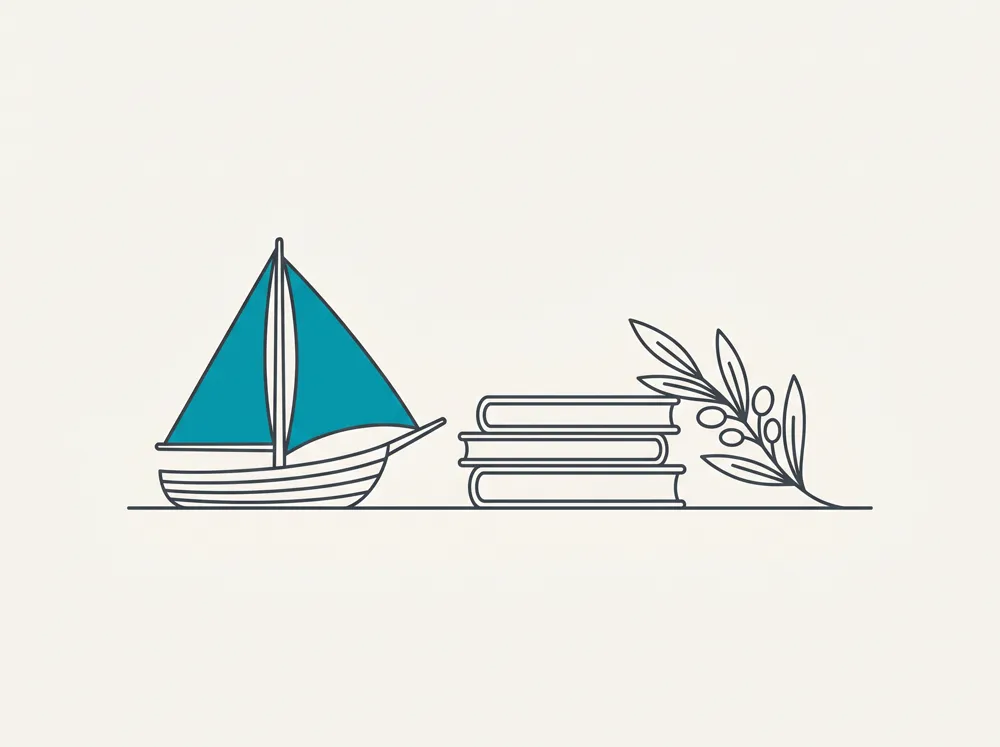 Illustration of a small sailing ship with a bold teal sail, beside a stack of books and an olive sprig