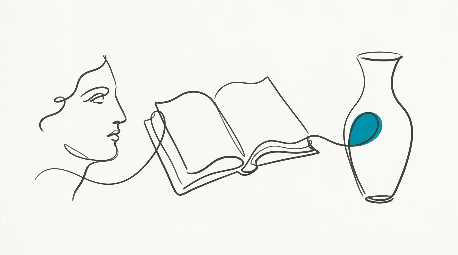 A single continuous line drawing flowing from a classical profile face into an open book and out into a vase with a teal accent