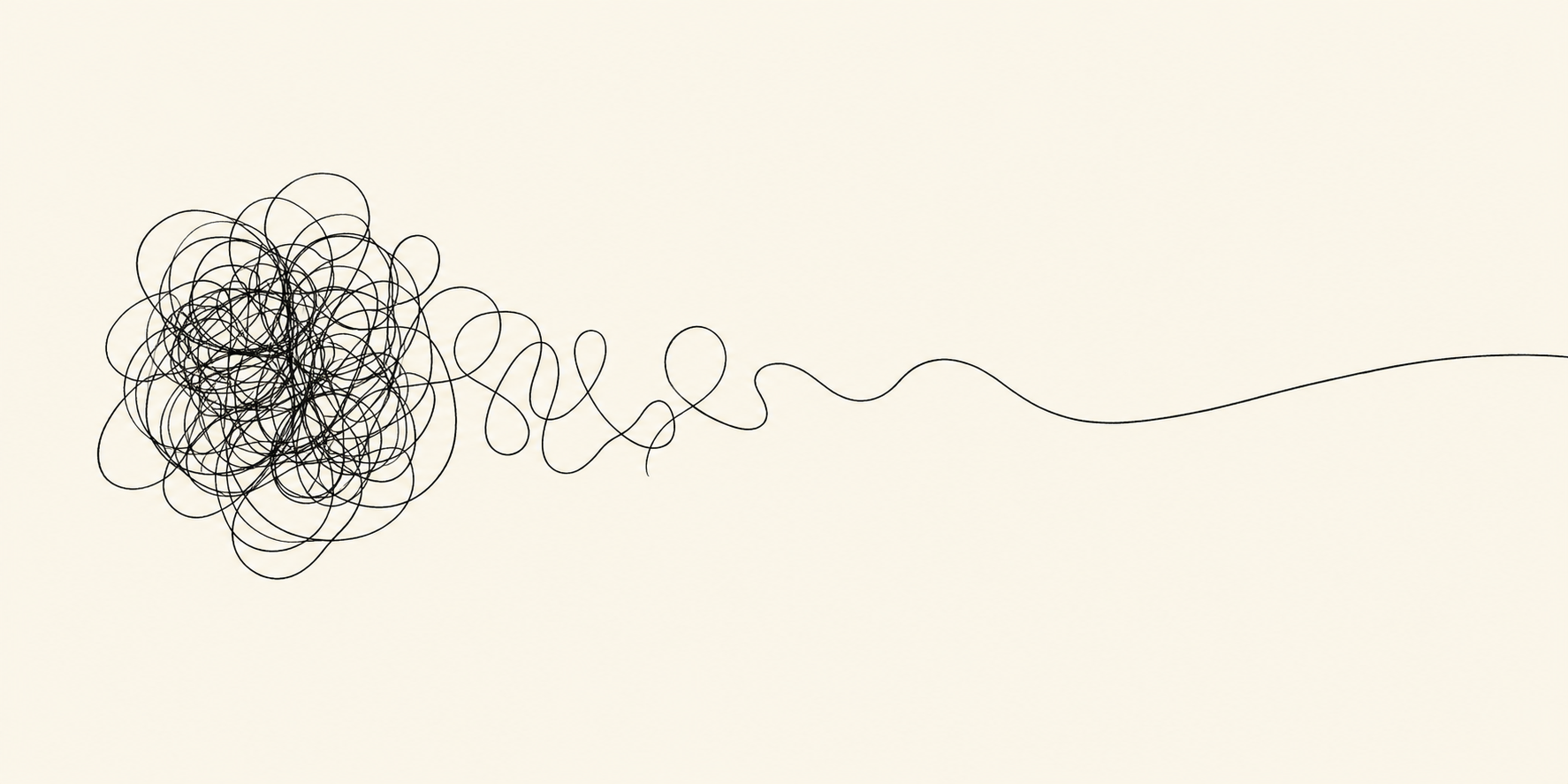 A single line drawing beginning as a dense tangle of noise on the left, unraveling into one clear, calm line on the right