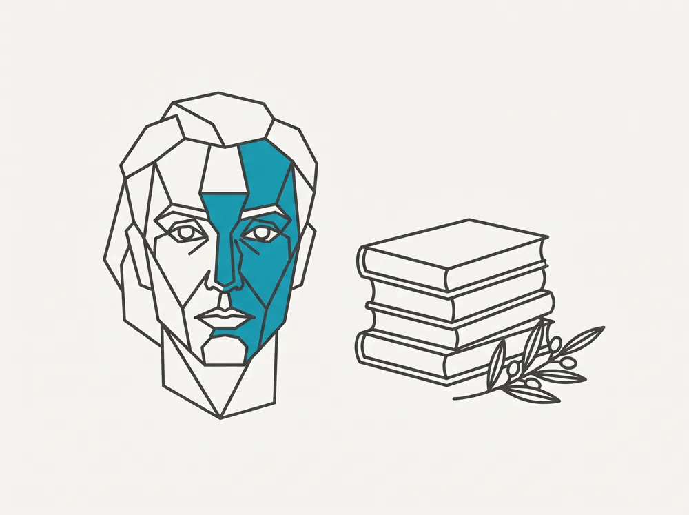 Illustration of a Cubist-style portrait face with angular teal facets, beside a stack of books and an olive sprig